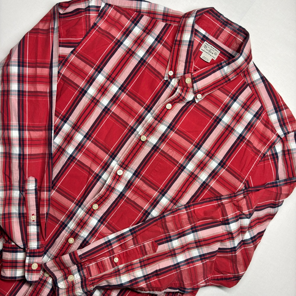 J. Crew Mens Red Plaid Button Down Shirt 100% Cotton Long Sleeve Size L Tailored